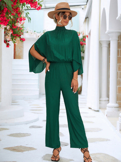 Jumpsuits- All-in-One Outfit: Stand Collar Open Back Jumper - Jumpsuit- Green- Pekosa Women Clothing