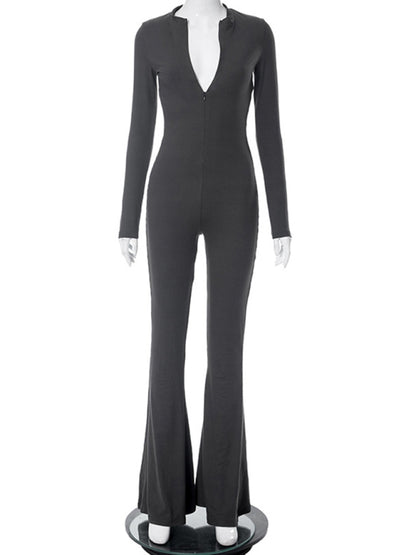 Jumpsuits- Body-Hugging Solid Jumpsuit with Flared Pants and Long Sleeves- - Pekosa Women Clothing