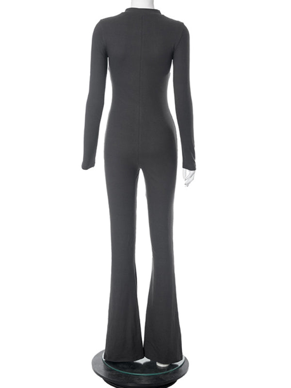 Jumpsuits- Body-Hugging Solid Jumpsuit with Flared Pants and Long Sleeves- - Pekosa Women Clothing