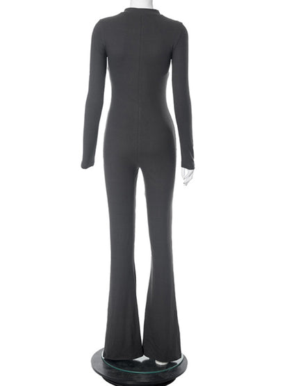 Jumpsuits- Body-Hugging Solid Jumpsuit with Flared Pants and Long Sleeves- - Pekosa Women Clothing