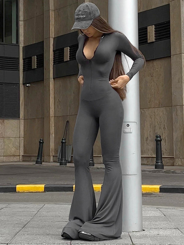 Jumpsuits- Body-Hugging Solid Jumpsuit with Flared Pants and Long Sleeves- Grey- Pekosa Women Clothing