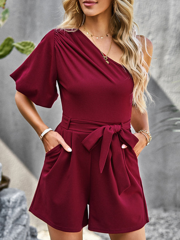 Jumpsuits- Chic and Comfortable One-Shoulder Jumpsuit - Your Perfect Companion for Every Occasion- Wine Red- Pekosa Women Clothing