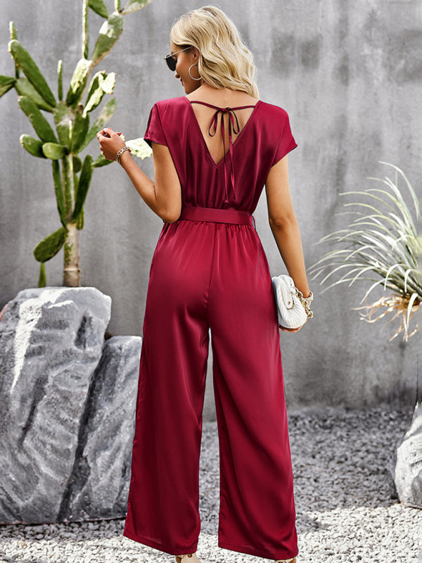 Jumpsuits- Comfy Wide-Leg Bib Overalls - V Neck Jumpsuit with Belt Tie & Pockets- - Pekosa Women Clothing