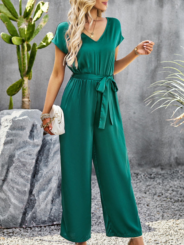 Jumpsuits- Comfy Wide-Leg Bib Overalls - V Neck Jumpsuit with Belt Tie & Pockets- - Pekosa Women Clothing