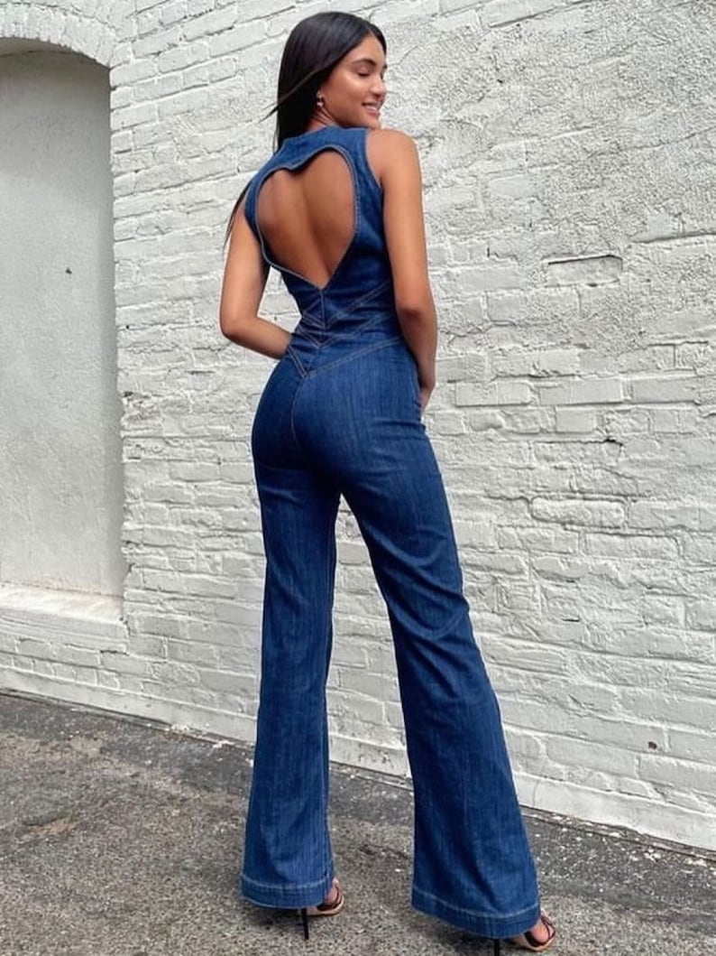 Jumpsuits- Denim Backless Heart Overalls - Palazzo Jumpsuits Pantsuits- - Pekosa Women Clothing