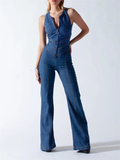 Jumpsuits- Denim Backless Heart Overalls - Palazzo Jumpsuits Pantsuits- - Pekosa Women Clothing