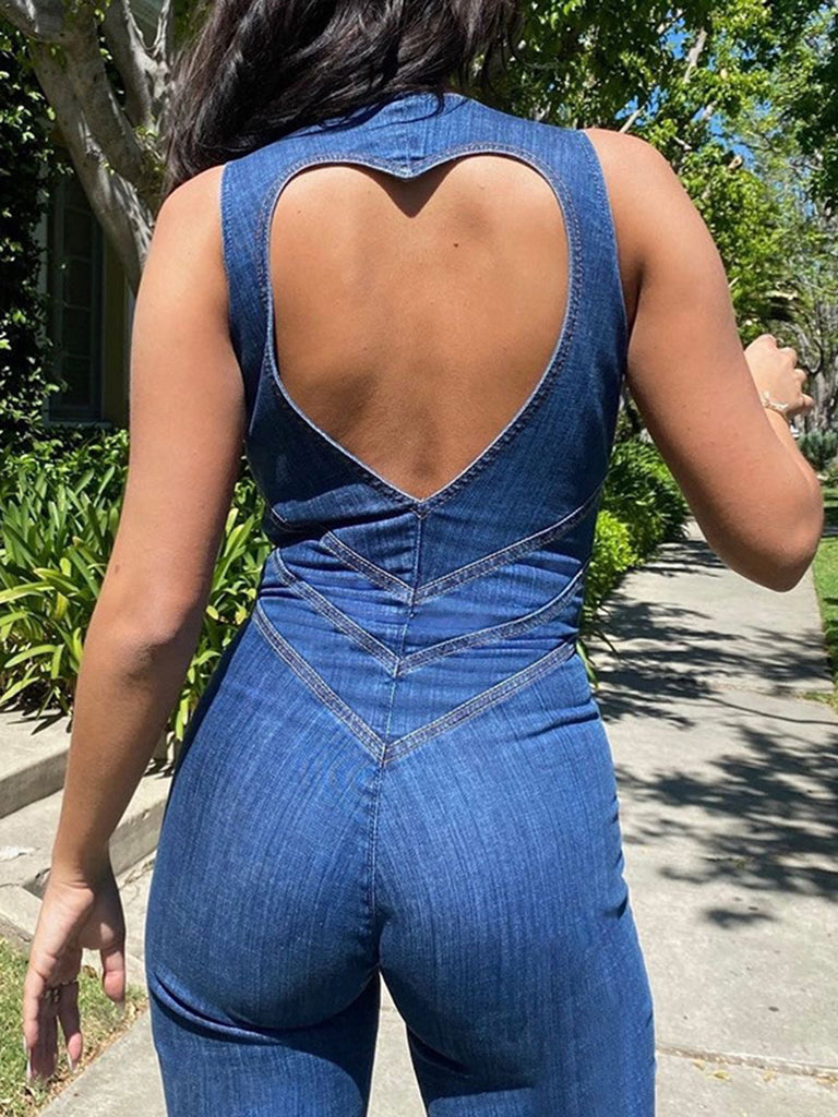 Jumpsuits- Denim Backless Heart Overalls - Palazzo Jumpsuits Pantsuits- - Pekosa Women Clothing