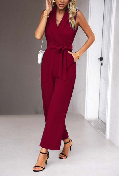 Jumpsuits- Elegant Shawl Lapel Jumpsuit - Belted Pantsuit- Wine Red- Pekosa Women Clothing