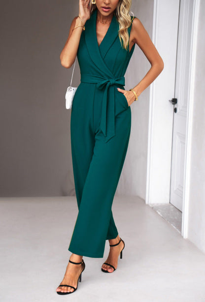 Jumpsuits- Elegant Shawl Lapel Jumpsuit - Belted Pantsuit- Green- Pekosa Women Clothing