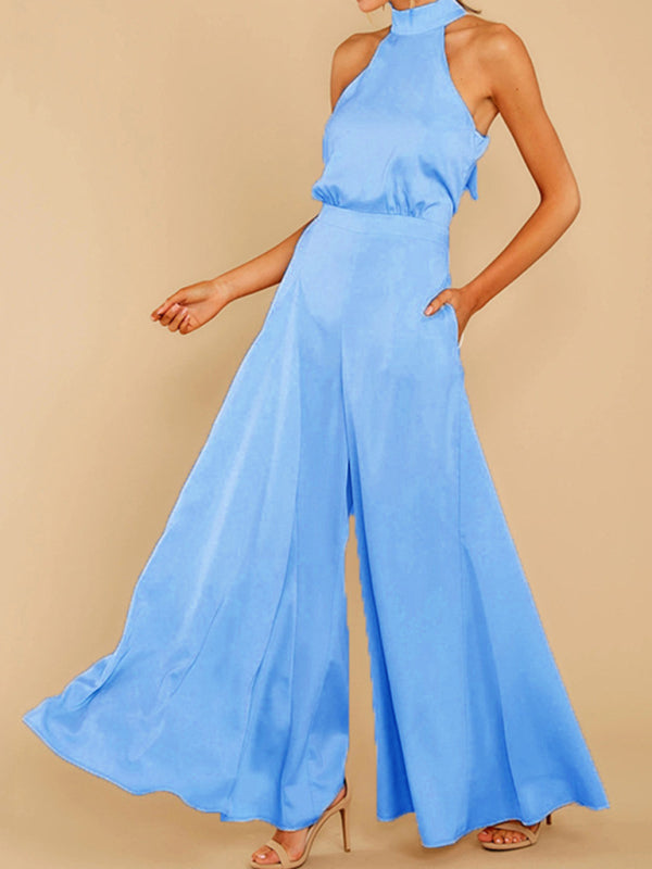 Jumpsuits- Elegant Sleeveless Satin Playsuit | Halterneck & Flared Style Jumpsuit- Blue- Pekosa Women Clothing