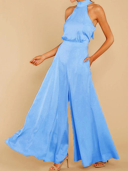 Jumpsuits- Elegant Sleeveless Satin Playsuit | Halterneck & Flared Style Jumpsuit- Blue- Pekosa Women Clothing