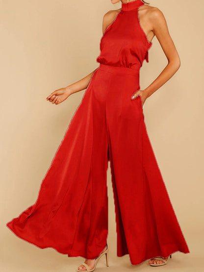 Jumpsuits- Elegant Sleeveless Satin Playsuit | Halterneck & Flared Style Jumpsuit- Red- Pekosa Women Clothing