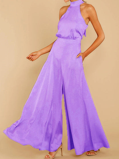 Jumpsuits- Elegant Sleeveless Satin Playsuit | Halterneck & Flared Style Jumpsuit- Purple- Pekosa Women Clothing