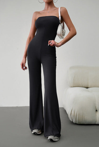 Jumpsuits- Fifted Strapless Jumpsuit - Stretchy Bandeau Overalls Pantsuits- Black- Pekosa Women Clothing