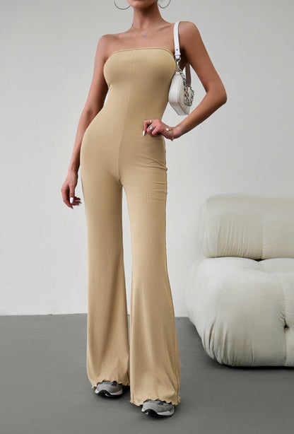 Jumpsuits- Fifted Strapless Jumpsuit - Stretchy Bandeau Overalls Pantsuits- Khaki- Pekosa Women Clothing