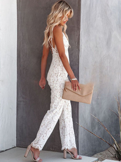 Jumpsuits- Floral Guipuire Lace Jumpsuit - V Neck Pantsuit- - Pekosa Women Clothing