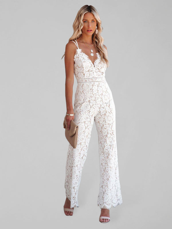 Jumpsuits- Floral Guipuire Lace Jumpsuit - V Neck Pantsuit- White- Pekosa Women Clothing