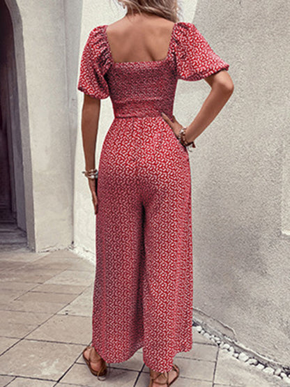 Floral Print Jumpsuit - Women's Square Neck Wide-Leg Playsuit with Smocked Bodice