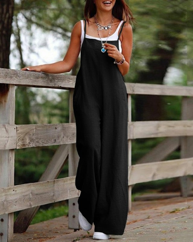 Jumpsuits- Full-Length Bib Pants Playsuit for Women - Utility Style Overalls- Black- Pekosa Women Fashion