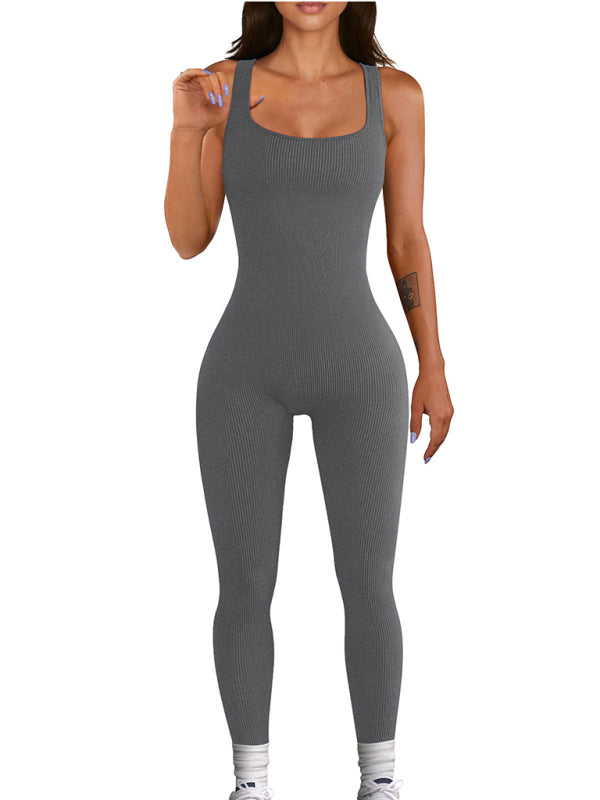 Jumpsuits- Full-Length Sport Playsuit in Solid Ribbed - Sleeveless Tight Jumpsuit- - Pekosa Women Clothing