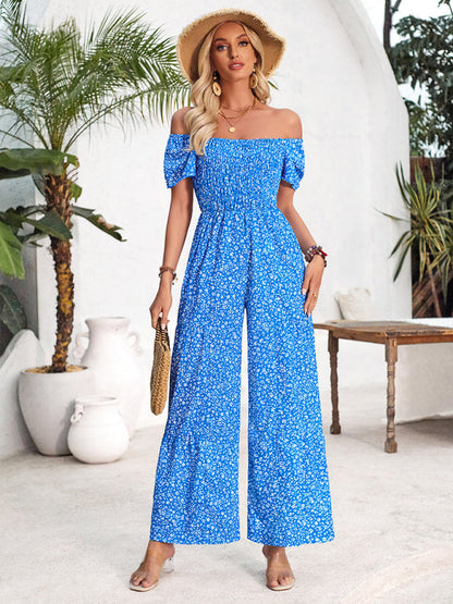 Jumpsuits- Full-Length Wide-Leg Playsuit - Ditsy Floral Print & Smocked Bodice Jumpsuit- - Pekosa Women Fashion