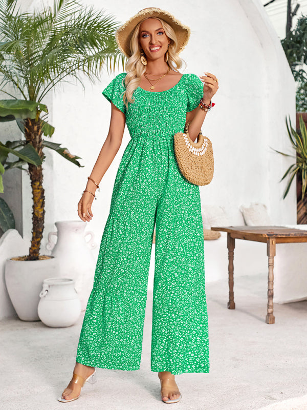 Jumpsuits- Full-Length Wide-Leg Playsuit - Ditsy Floral Print & Smocked Bodice Jumpsuit- - Pekosa Women Fashion