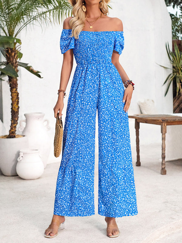 Jumpsuits- Full-Length Wide-Leg Playsuit - Ditsy Floral Print & Smocked Bodice Jumpsuit- - Pekosa Women Fashion