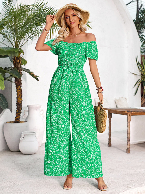 Jumpsuits- Full-Length Wide-Leg Playsuit - Ditsy Floral Print & Smocked Bodice Jumpsuit- - Pekosa Women Fashion