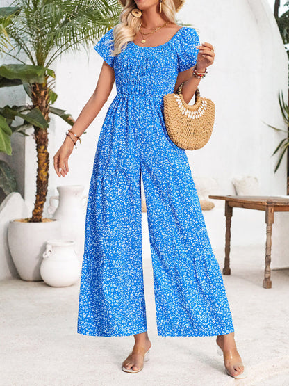 Jumpsuits- Full-Length Wide-Leg Playsuit - Ditsy Floral Print & Smocked Bodice Jumpsuit- - Pekosa Women Fashion