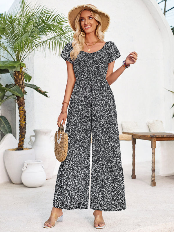 Jumpsuits- Full-Length Wide-Leg Playsuit - Ditsy Floral Print & Smocked Bodice Jumpsuit- - Pekosa Women Fashion