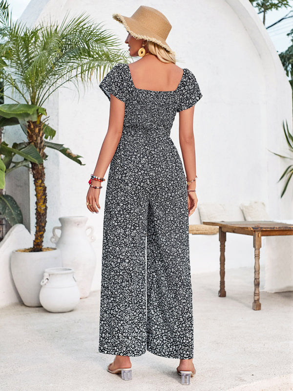 Jumpsuits- Full-Length Wide-Leg Playsuit - Ditsy Floral Print & Smocked Bodice Jumpsuit- - Pekosa Women Fashion