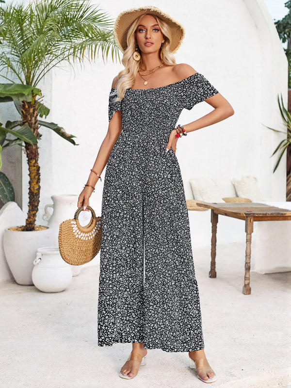 Jumpsuits- Full-Length Wide-Leg Playsuit - Ditsy Floral Print & Smocked Bodice Jumpsuit- Black- Pekosa Women Fashion