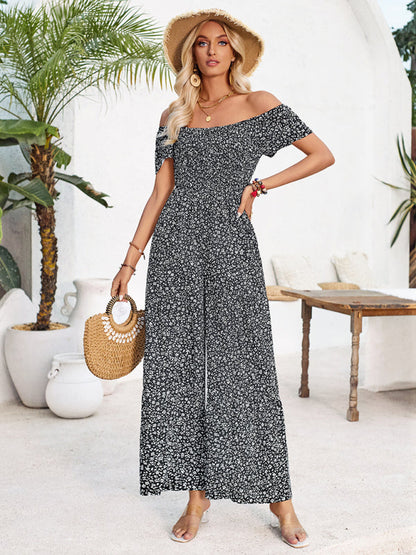 Jumpsuits- Full-Length Wide-Leg Playsuit - Ditsy Floral Print & Smocked Bodice Jumpsuit- Black- Pekosa Women Fashion