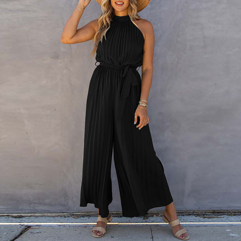 Jumpsuits- Halter High Neck Solid Pleated Belt-Tie Jumpsuit- Black- Pekosa Women Clothing