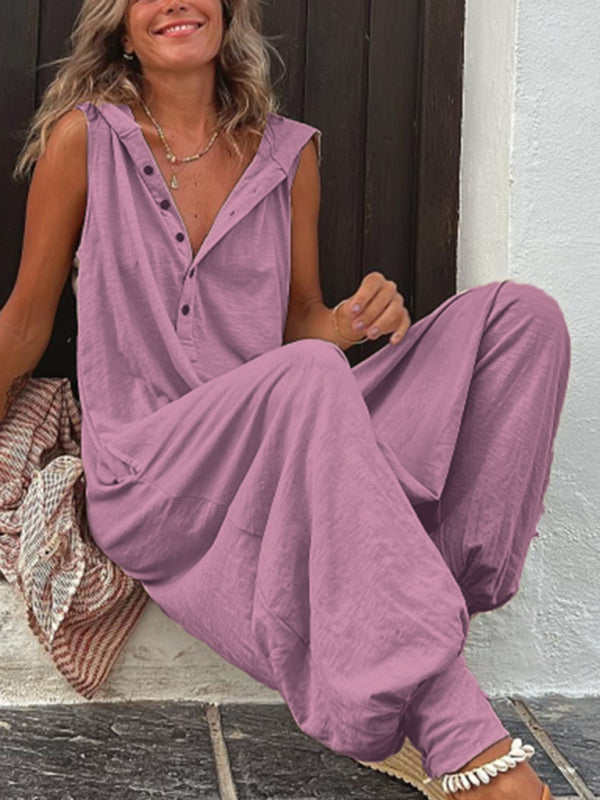 Jumpsuits- Harem Loose Jumpsuit Pantsuit - Half Button Hooded Overalls- Purple- Pekosa Women Clothing