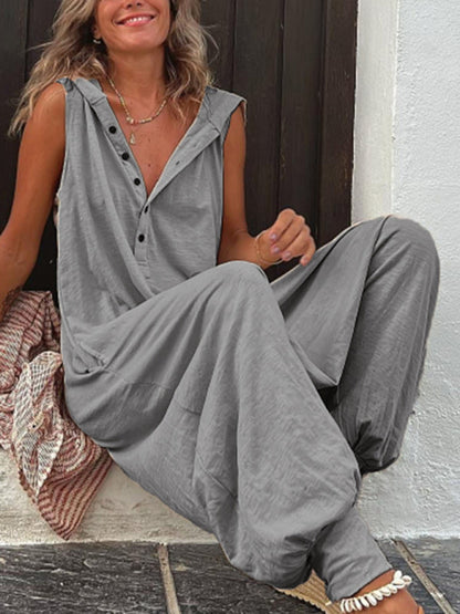 Jumpsuits- Harem Loose Jumpsuit Pantsuit - Half Button Hooded Overalls- Grey- Pekosa Women Clothing