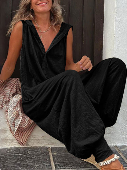 Jumpsuits- Harem Loose Jumpsuit Pantsuit - Half Button Hooded Overalls- Black- Pekosa Women Clothing