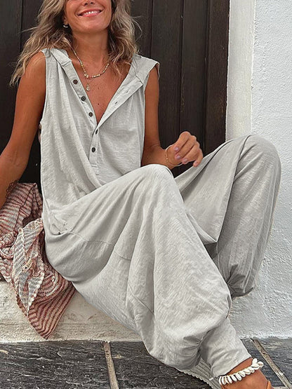 Jumpsuits- Harem Loose Jumpsuit Pantsuit - Half Button Hooded Overalls- Light Grey- Pekosa Women Clothing