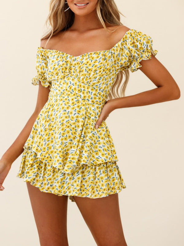 Jumpsuits- Knot Back Romper - Perfect for Any Occasion - Printed Jumpsuit- Yellow- Pekosa Women Clothing