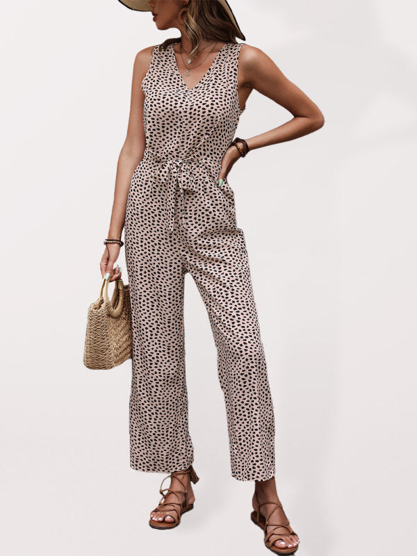 Jumpsuits- Leopard Print Tank Jumpsuit - Women's Belted Pantsuits- Khaki Beige- Pekosa Women Clothing