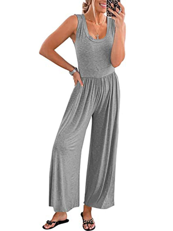 Jumpsuits- Loose Fit Playsuit - Solid Sleeveless Jumpsuit- - Pekosa Women Clothing