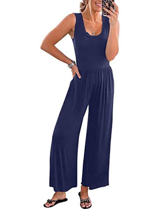 Jumpsuits- Loose Fit Playsuit - Solid Sleeveless Jumpsuit- - Pekosa Women Clothing