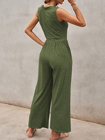 Jumpsuits- Loose Fit Playsuit - Solid Sleeveless Jumpsuit- - Pekosa Women Clothing