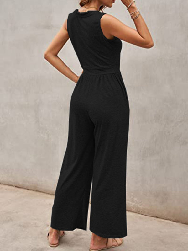 Jumpsuits- Loose Fit Playsuit - Solid Sleeveless Jumpsuit- - Pekosa Women Clothing