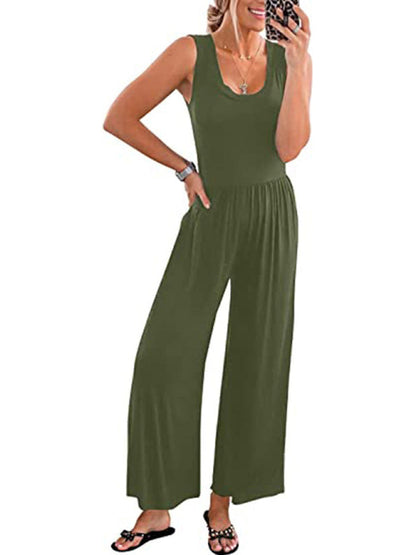 Jumpsuits- Loose Fit Playsuit - Solid Sleeveless Jumpsuit- - Pekosa Women Clothing