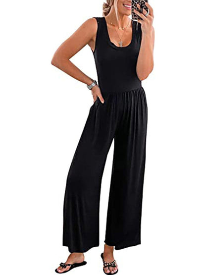 Jumpsuits- Loose Fit Playsuit - Solid Sleeveless Jumpsuit- - Pekosa Women Clothing