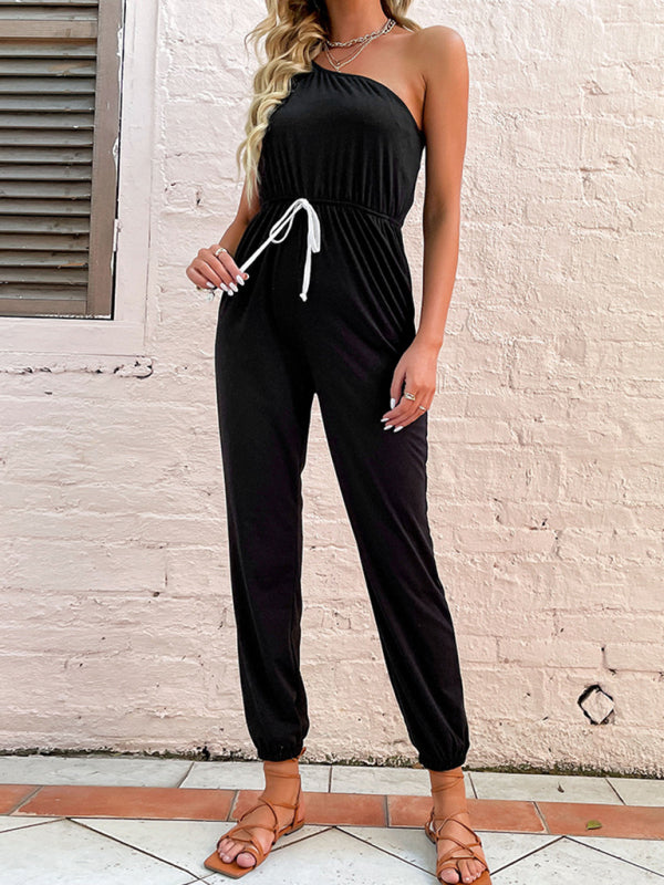 Jumpsuits- One Shoulder Jumpsuit with Gathered Waist & Pockets - Full-Length Playsuit- - Pekosa Women Clothing