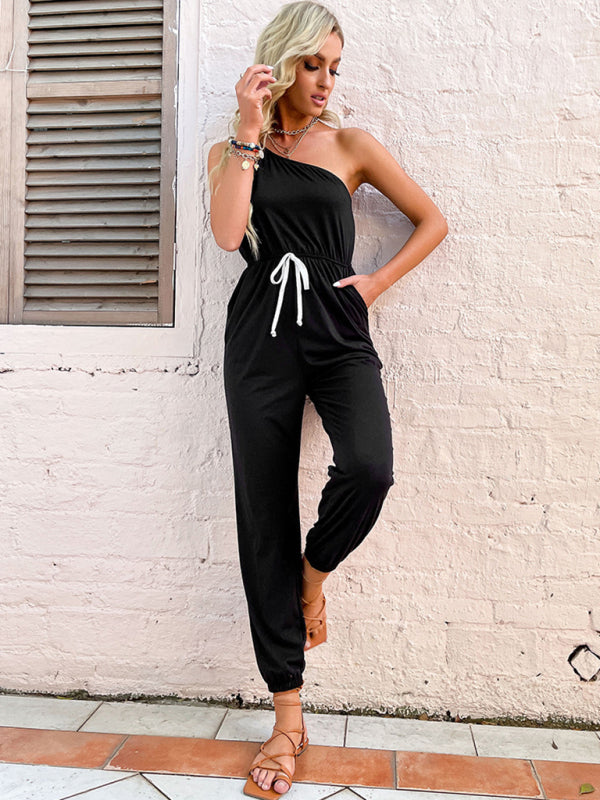 Jumpsuits- One Shoulder Jumpsuit with Gathered Waist & Pockets - Full-Length Playsuit- - Pekosa Women Clothing