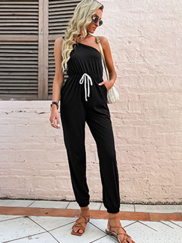 Jumpsuits- One Shoulder Jumpsuit with Gathered Waist & Pockets - Full-Length Playsuit- - Pekosa Women Clothing