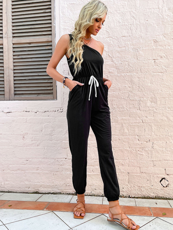 Jumpsuits- One Shoulder Jumpsuit with Gathered Waist & Pockets - Full-Length Playsuit- Black- Pekosa Women Clothing